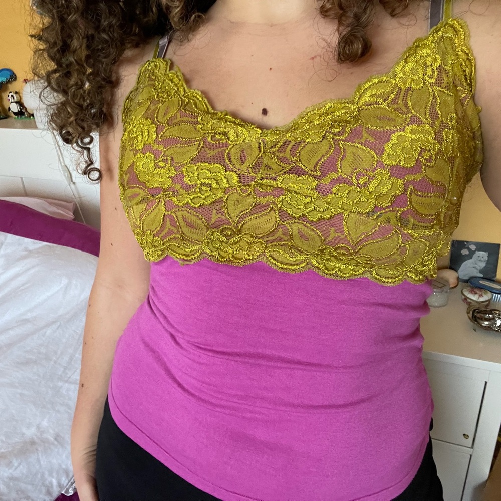 Lace Overlay Pink and Yellow Women's Top